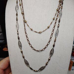 Mixed Metal Triple Layer Necklace Antique Gold Silver Filigree Copper Accents